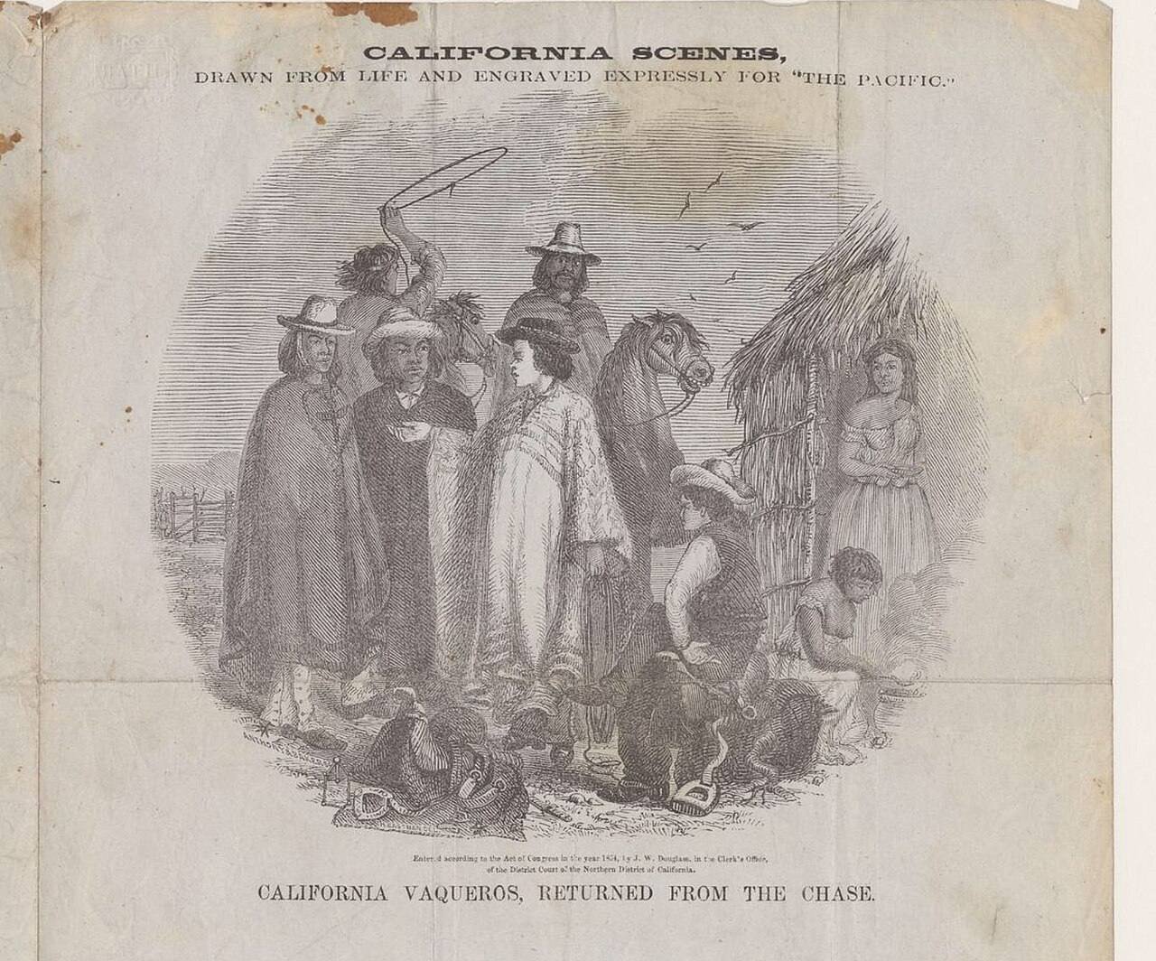 Gravure de 1854 représentant des vaqueros californiens revenant de la chasse avec leurs chevaux sellés
