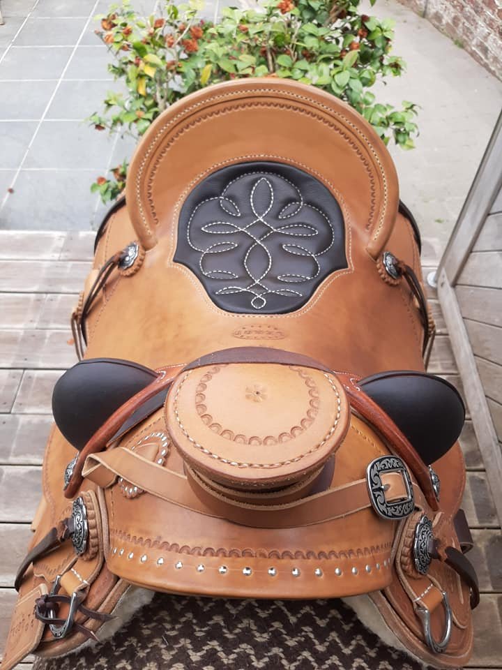 Wade 15.5 bicolore — vue de face, buck rolls et motif brodé sur le pommeau
