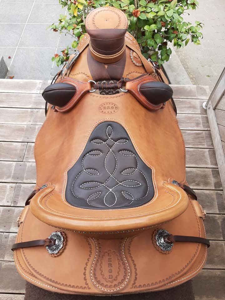 Wade 15.5 bicolore — vue plongeante de l'assise, insert cuir brun et motifs floraux brodés sur le cantle