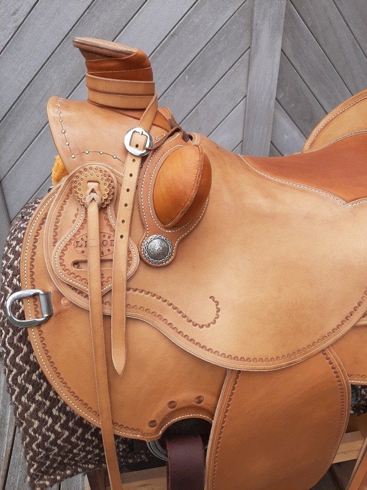 Wade 16 pouces — détail du horn, bucking rolls cuir et conchos Montana Silversmiths