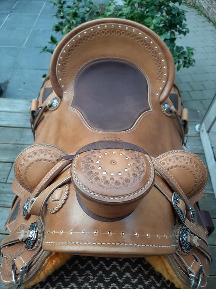 Wade Vaqueros 15.5 — vue plongeante de l'assise, insert cuir brun, studs argentés sur cantle et rosette sur horn cap